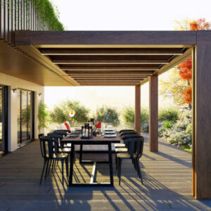 3d illustration of a set table on the outdoor private garden patio. Teak wood bioclimate pergola on wooden deck surrounded by a flower garden.